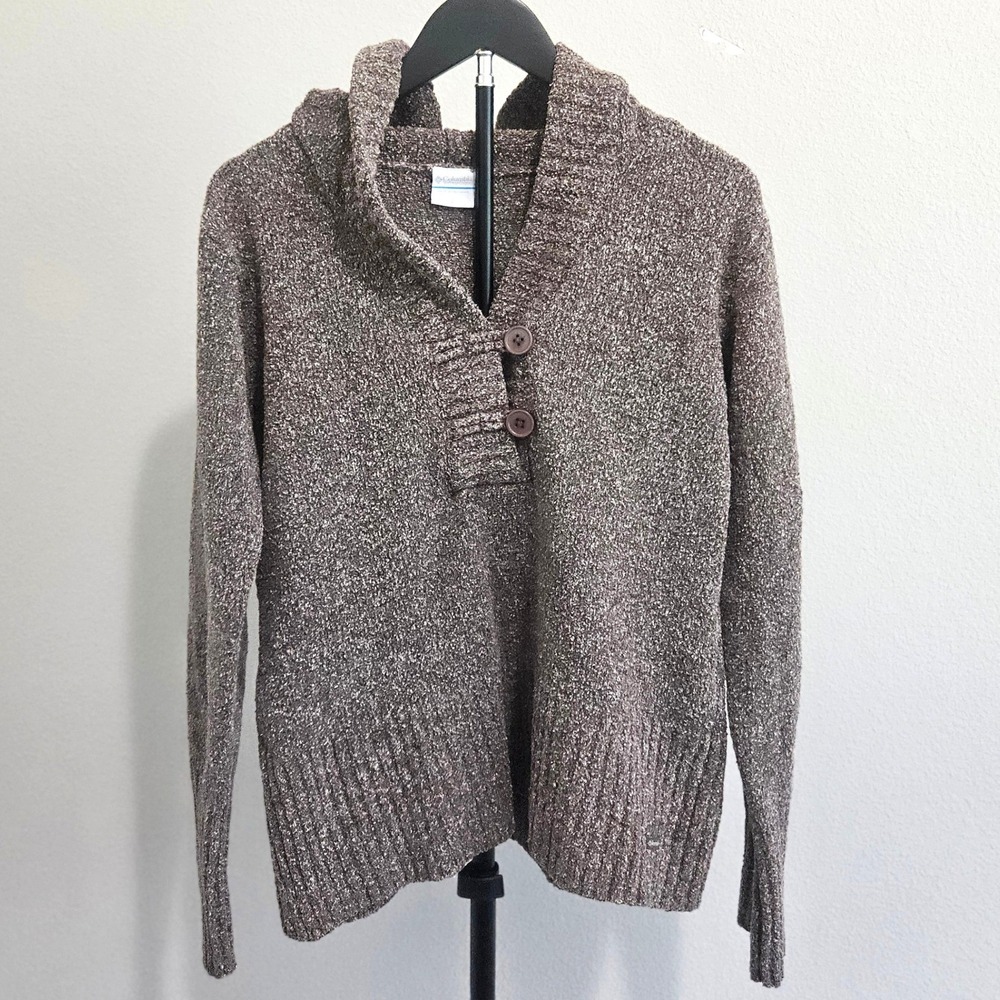 Columbia Hooded Sweater Womens Large Brown Marled Button Shawl AL2383 Gorpcore
